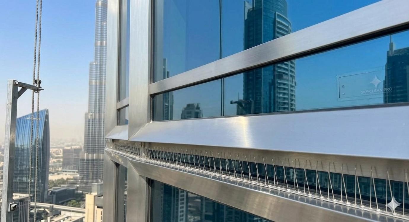 Property protected with bird spikes and netting after treatment