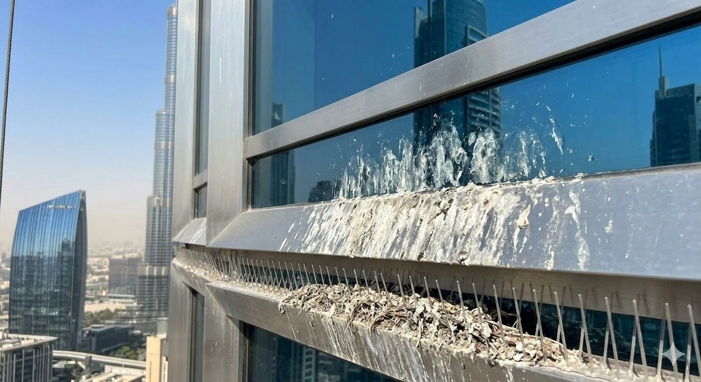 Pigeon infestation on building ledge before bird control